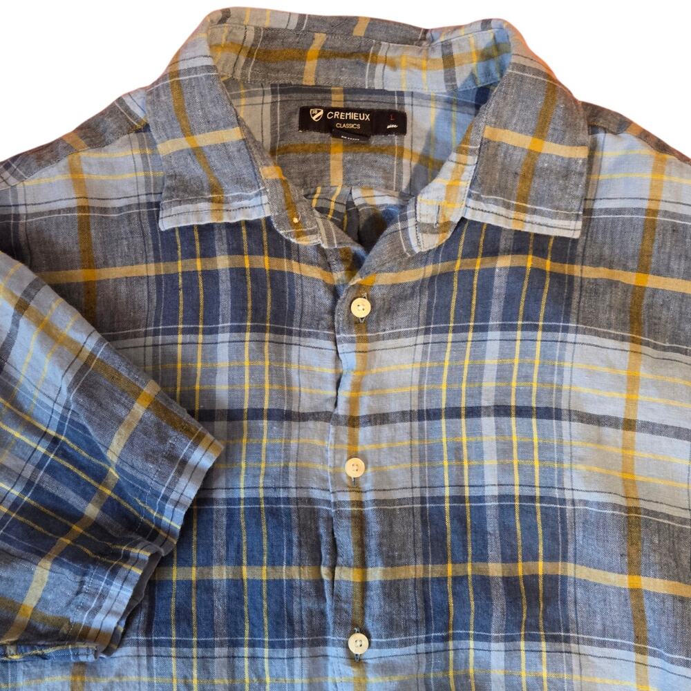 Cremieux Linen Shirt Button-front Blue Plaid Sz L Short Sleeve